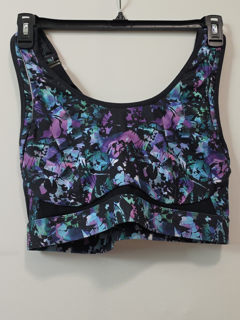Fabletics Black Sports Bra with Purple, Teal & Aqua Floral Print